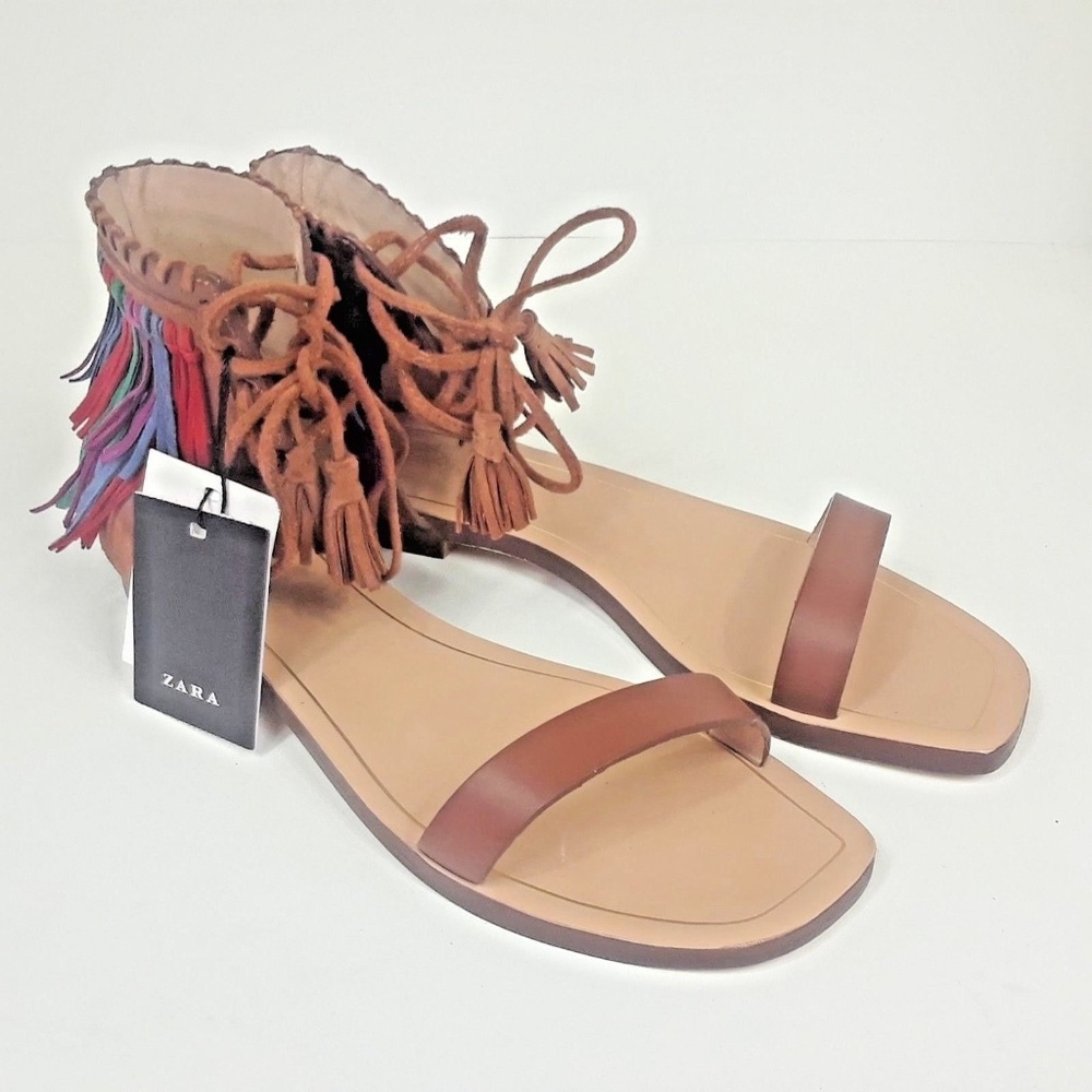 New Zara Leather Boho Summer Fringe Tassel 7.5 - Picture 1 of 8